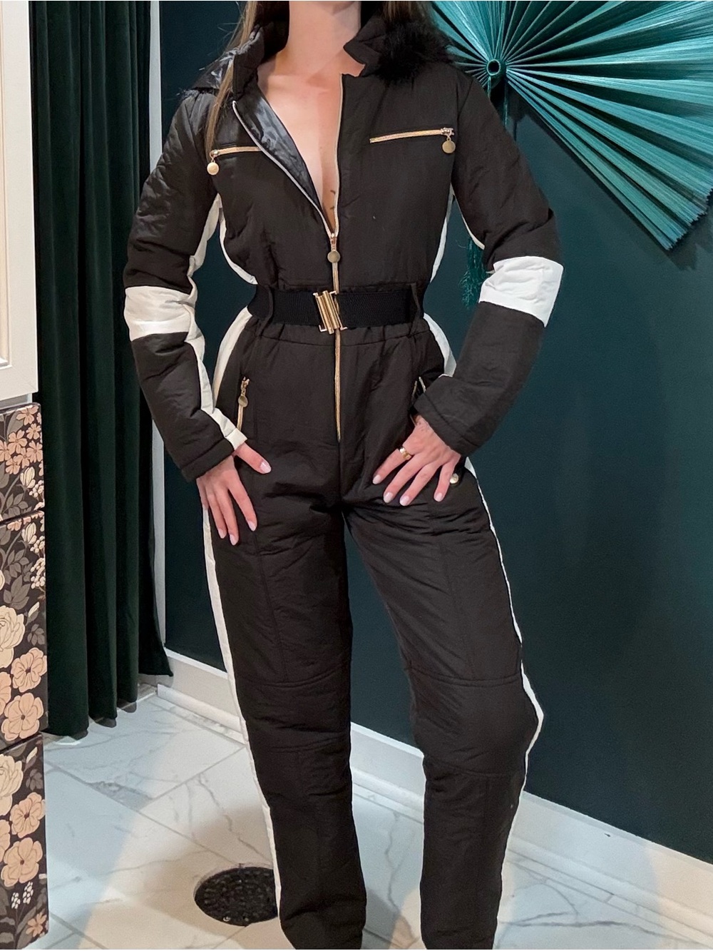 Black & White Women's Jumpsuit with Contrast Panels